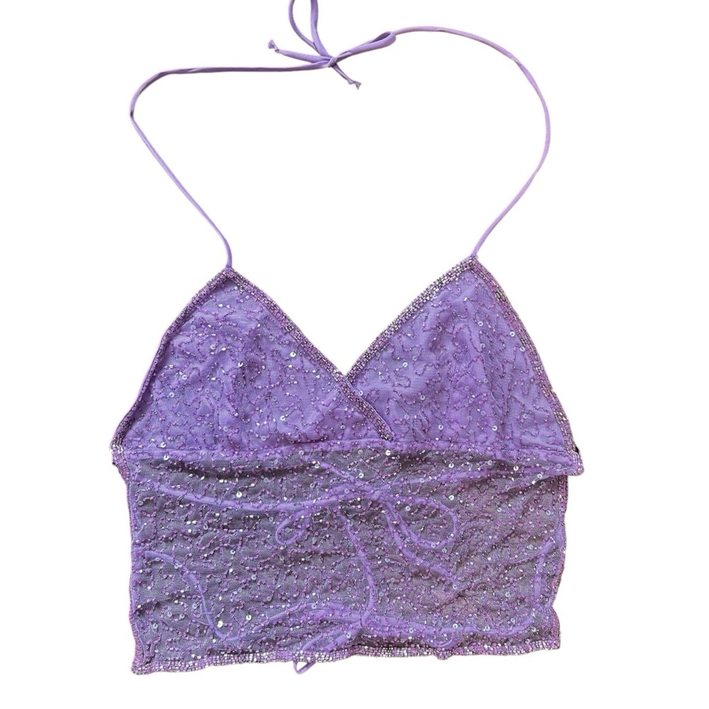 Y2K Lilac Purple Beaded Halter Top by Passport Size Medim